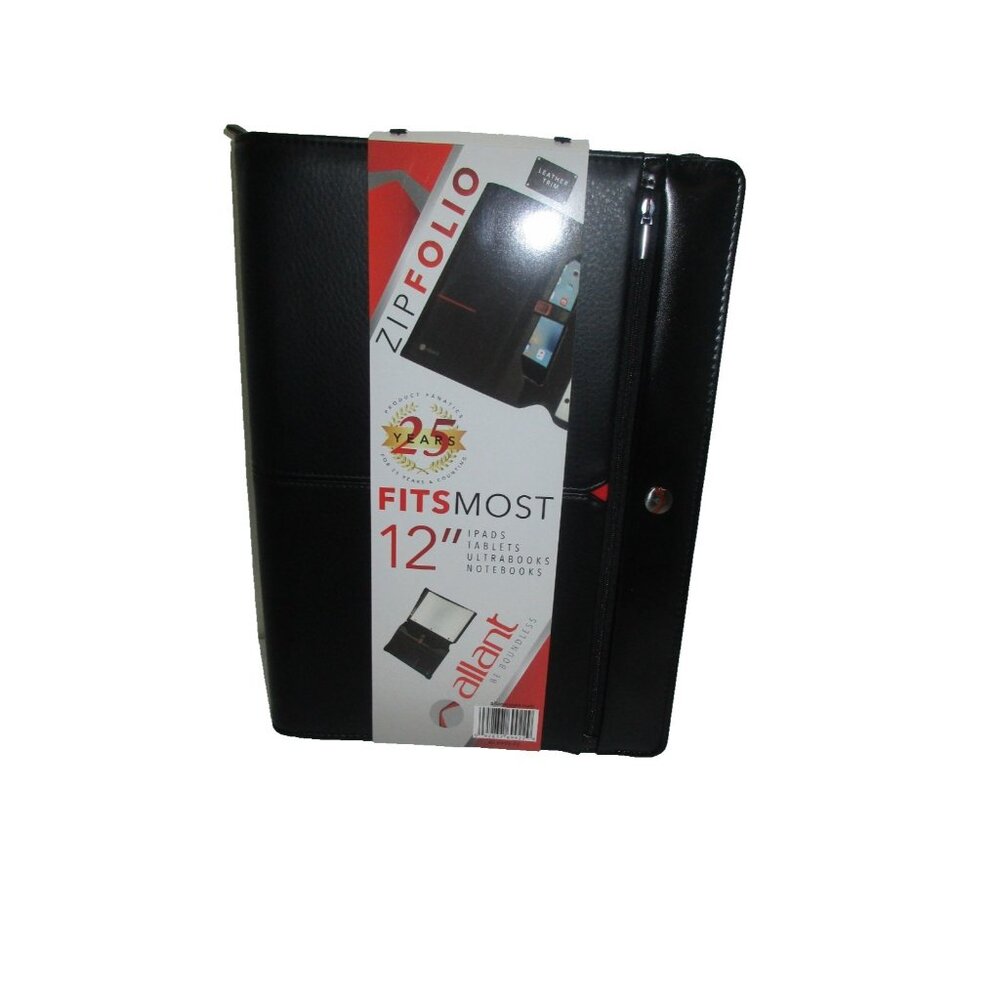 Allant Black 12" Zipfolio Leather Organizer W/ Notepad & Pockets For iPads & Not